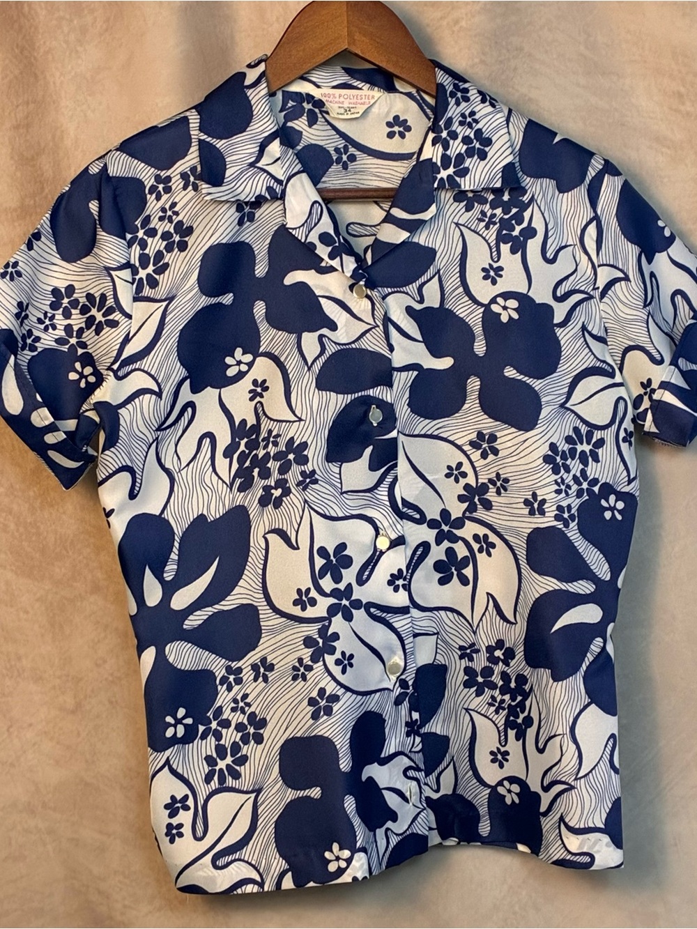 Vintage 70s Navy White Graphic Floral Blouse Camp Collar Medium